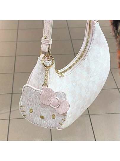 Sanrio 1pc Women Cute Plaid PU Leather Sling Bag - Zippered Closure, Large Capacity Underarm Cosmetic Pouch, Hand/Dry Washable, Polyurethane Lining - Fashionable Messenger Bag Accessory