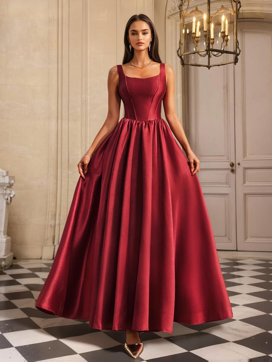 VIPGIRL 优雅的勃艮第缎面 A 字形长款晚礼服，背部束腰，方领，女士正装和晚礼服，舞会礼服，女士正装派对礼服婚礼宾客礼服