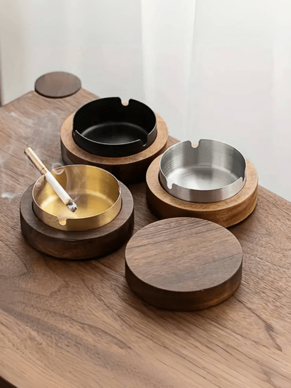 3 pièces/1 pièce Set de cendrier en bois vintage, cendrier rond élégant avec doublure métallique, sans fumée et design, convient pour la maison, le bureau, les fêtes, la voiture, le salon, le bureau, facile à nettoyer et portable