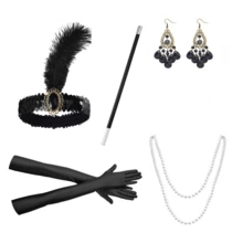 1 套 8 件 20 世纪 20 年代复古轻佻羽毛头带、长耳环、珍珠项链、手镯、露指手套、渔网袜、手扇和支架 - 女士派对、节日、舞蹈表演配饰套装万圣节