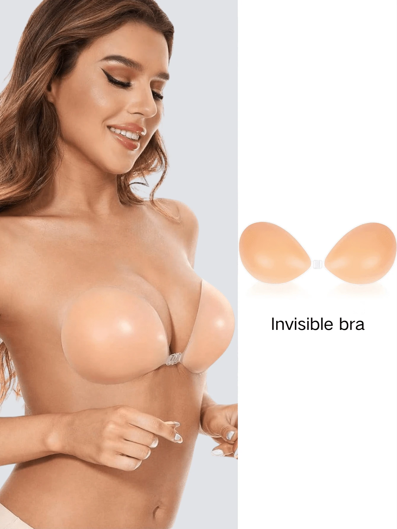1 对聚拢粘性硅胶胸罩，女士加厚垫露背无肩带胸罩，婚纱隐形自粘胸罩 - 卡其色 - 查看 1