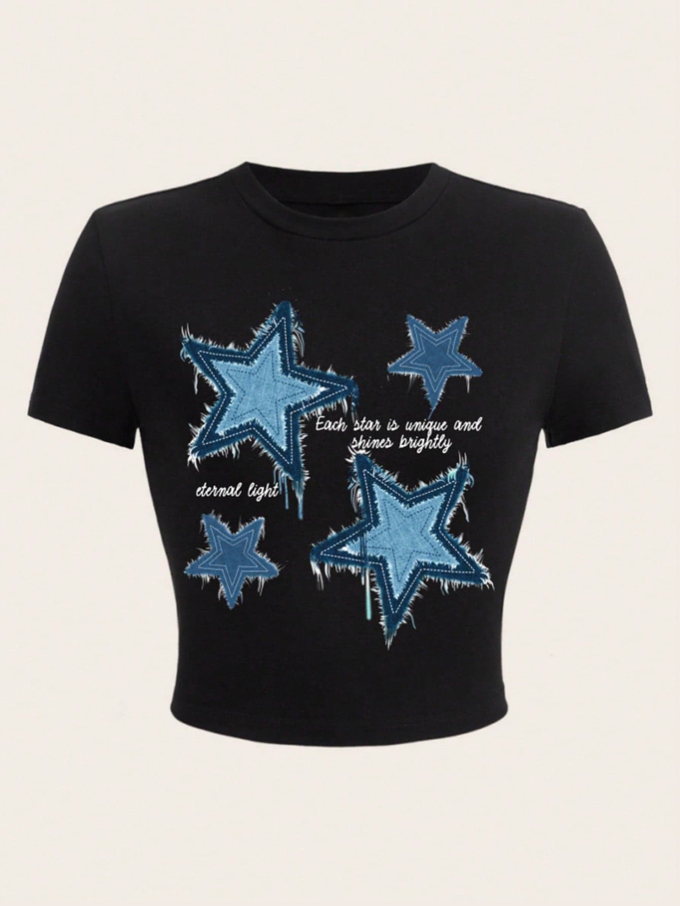 Summer Casual Star & Slogan Print Fitted Cropped T-Shirt - Black - View 1