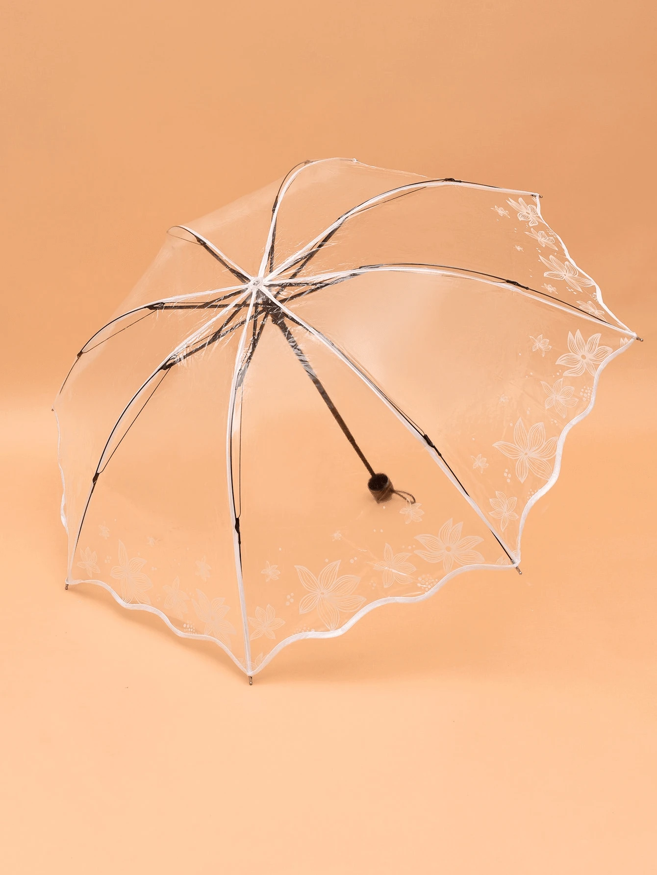 1pc Foldable Manual Umbrella, Cute Transparent Outdoor Umbrella With 8 Ribs And Lotus Leaf Printed Edge - Clear - View 1