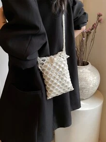 حقيبة كروس بودي من التصميم الفاخر بزخرفة اللؤلؤ، حقيبة صغيرة خفيفة الوزن لهاتف محمول، مجموعة صيف 2024 الجديدة