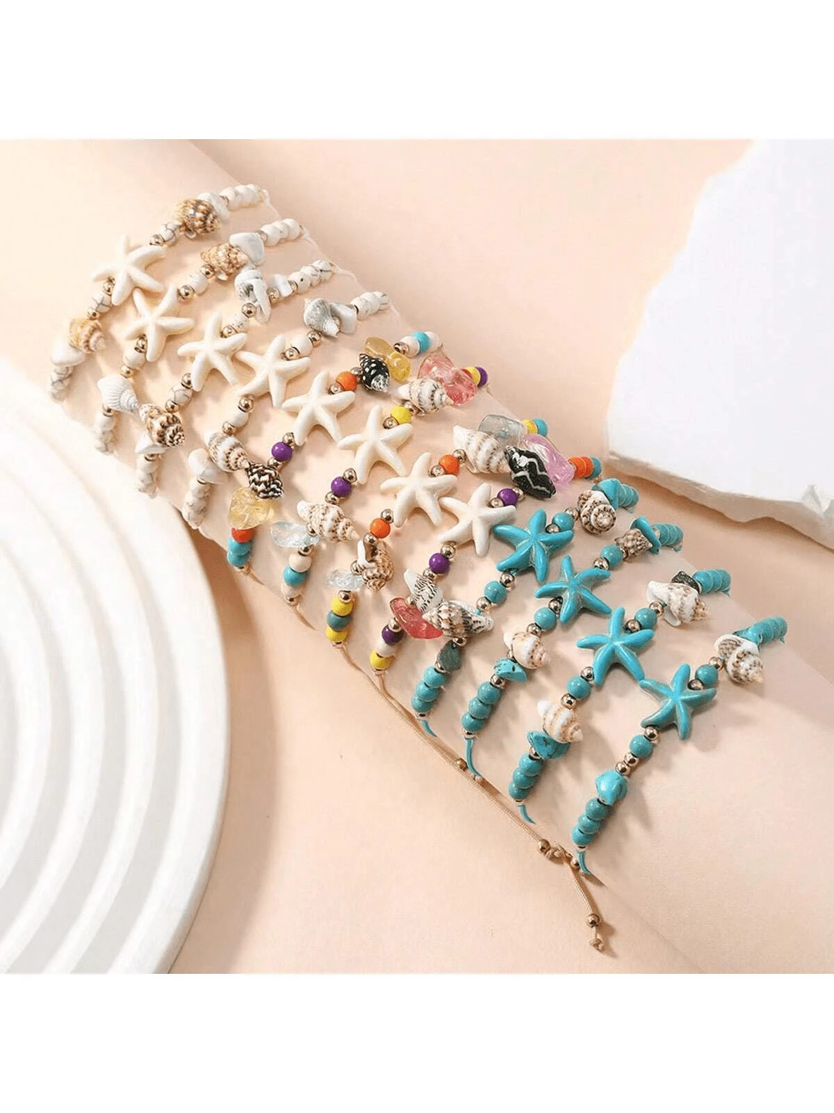 Set de 12 piezas Pulsera de estrella de mar de turquesa para mujeres, estilo vacacional