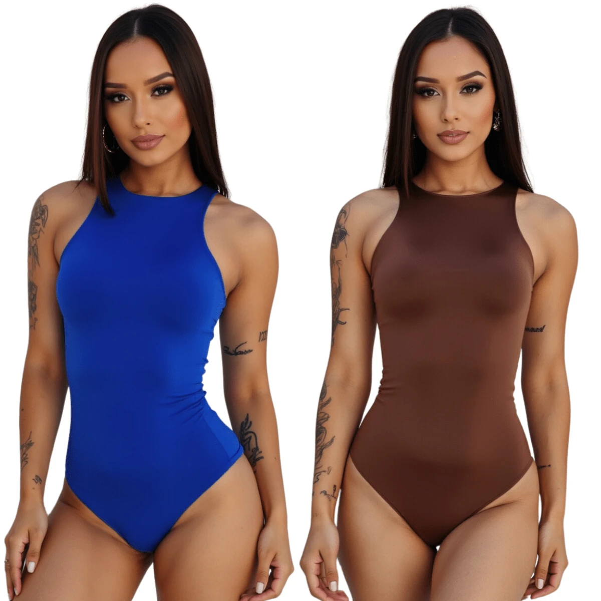 Kit 2 Women's Bodysuit Lined Tank Top Suplex Leotard Premium - 皇家藍棕色 - 查看 1
