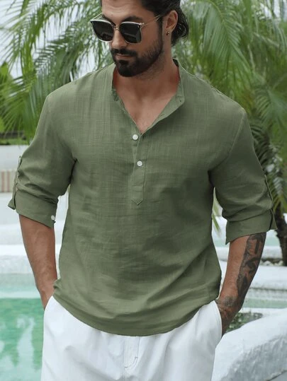 Men's Solid Color Casual Shirt, Lightweight & Breathable For Summer Vacation, Daily Commute, For Fall, Long Sleeve Top