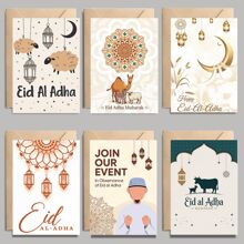 6 kart islamskich kart okolicznościowych islamskich kartek upominkowych do druku zestaw 6 wzorów księżycowych świateł pałacu kwiatów latarnia karta 3,9 x 5,9 cala z kopertą