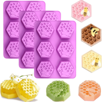 6 件六角蜂窝硅胶皂模，适用于香皂、乳木果油皂、蜡熔化、蜂蜡（紫色）