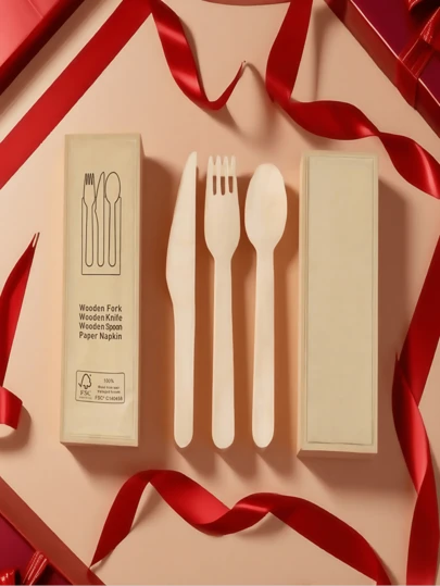 30套一次性餐具，独立包装，包含30把叉子、30把刀子、30把勺子、30张纸巾，桦木制成，实用，适合派对、节日、旅行、单身派对，一次性餐具套装，餐具