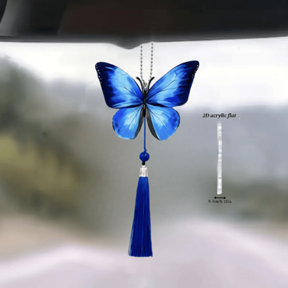 [2D Piatto] Farfalla piatta in acrilico 2D nera e blu, decorata con un elegante ciondolo a nappina - Ornamento in acrilico di moda per decorazione auto, portachiavi, zaino, decorazione casa, regali