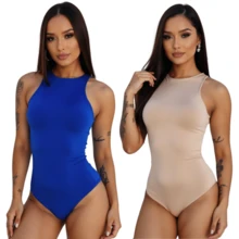 Kit 2 Women's Bodysuit Lined Tank Top Suplex Leotard Premium - 皇家藍裸色 - 查看 1