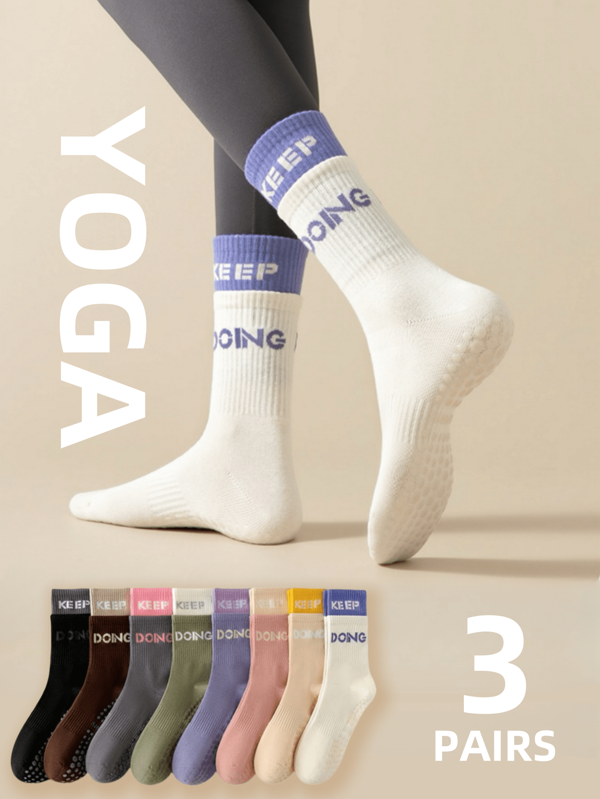 3/4/6 pares de meias antiderrapantes para pilates com letras coloridas contrastantes e alças duplas, meias esportivas longas de ioga com cano médio, adequadas para as quatro estações, fitness, balé, ioga, esportes internos, meias de chão de hospital descalço