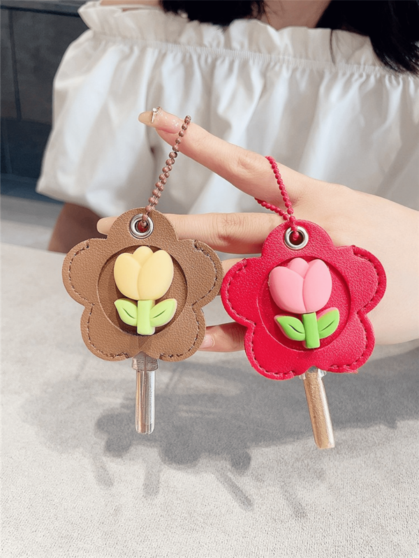 1/2Pcs Tulip Key Holder Set|Elegant PU Leather Keychain Organizer Protection, House Keys - Ladies' Luxury Key Pouch Soft Key Holder Chain Accessories For Women Girls, Perfect Gift For Her