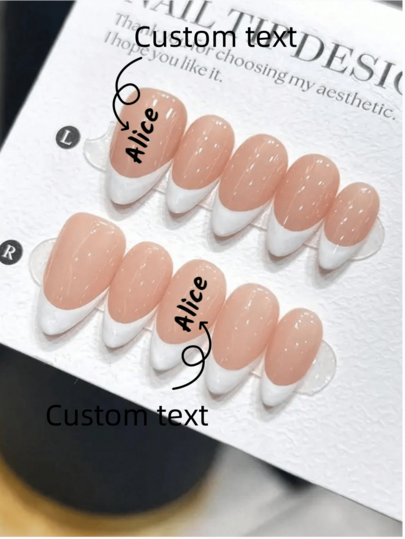 10 Stücke rein handgemachte tragbare Nagelplatten in kurzer Mandelform, simpler Stil, von Hand bemalt mit weißer französischer Spitze auf nackter Nagelbasis, hochwertige fertige künstliche Nagelplatte für täglichen Gebrauch von Frauen und Mädchen, mit Nagel-Set, anpassbarer Text