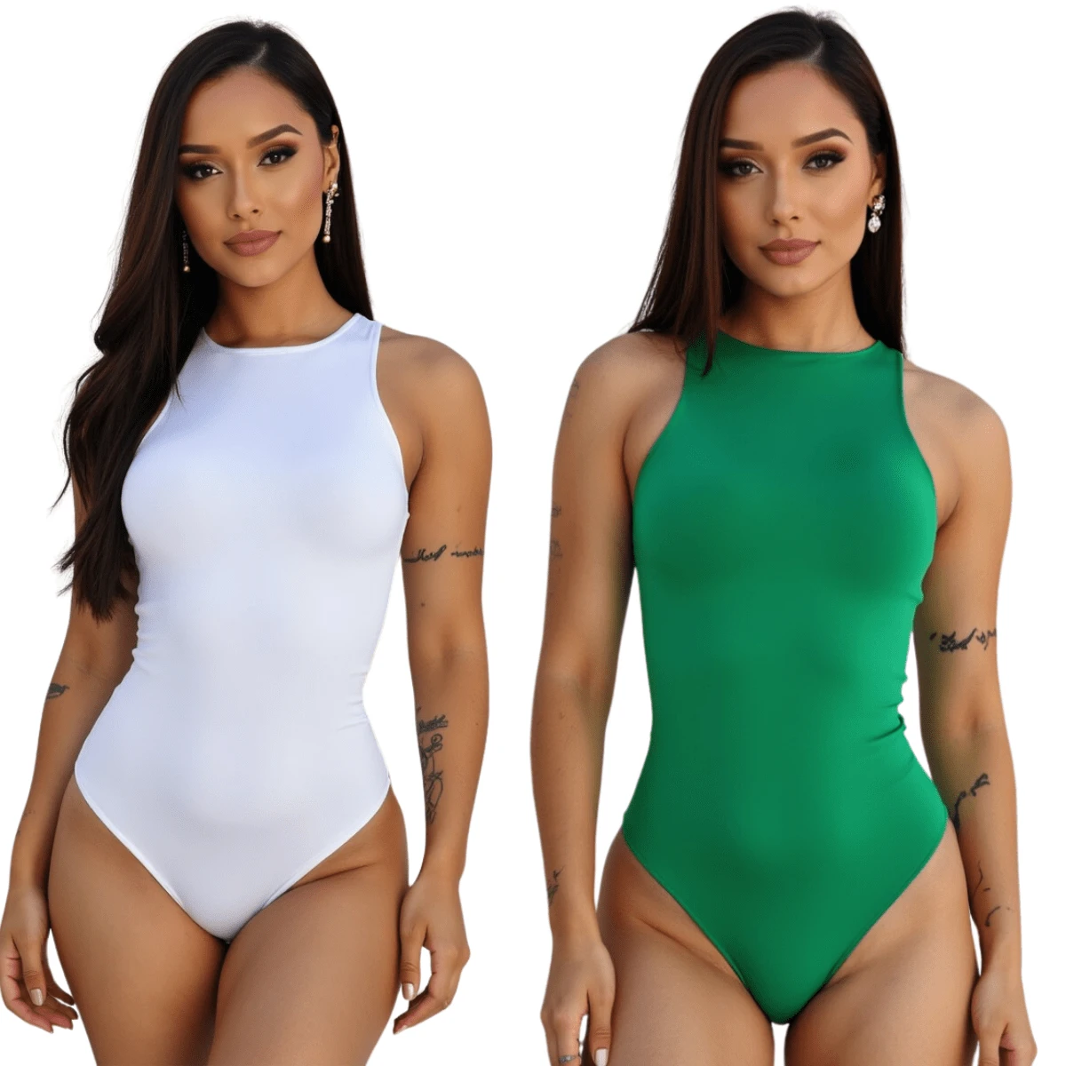 Kit 2 Women's Bodysuit Lined Tank Top Suplex Leotard Premium - 白綠旗 - 查看 1