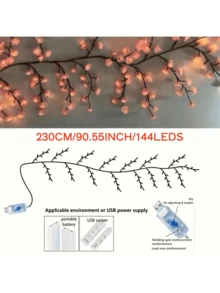 96/144 LED 樱花藤蔓灯，浪漫花卉设计，8 种闪烁模式，USB 供电，灵活可弯曲，适用于婚礼装饰、家居装饰、仙女花园、房间、墙壁、庭院、节日派对、游戏室、办公室 - 彩色 - 查看 9