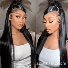 Peluca frontal de encaje completo de cabello humano liso con densidad del 200%, precortada con pelito suave, color natural, versátil para coletas y moños - Natural Black - Ver 5
