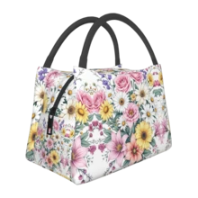 Bolsa de almuerzo aislada y reutilizable con flores, lavable a mano, a prueba de fugas, bolsa de refrigeración aislada de poliéster rectangular para el trabajo, el picnic, la playa y el campamento - Multicolor - Ver 1