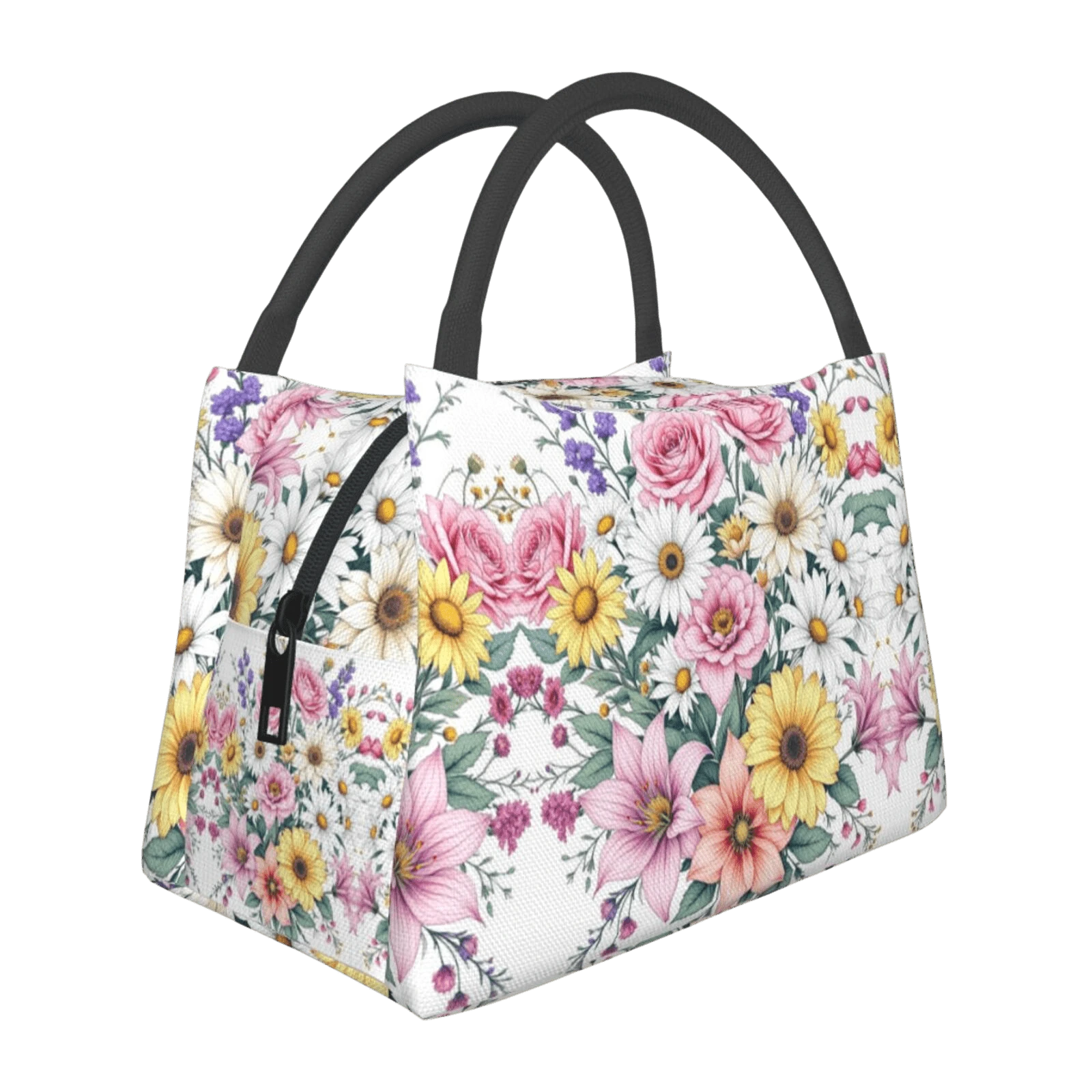 Bolsa de almuerzo aislada y reutilizable con flores, lavable a mano, a prueba de fugas, bolsa de refrigeración aislada de poliéster rectangular para el trabajo, el picnic, la playa y el campamento - Multicolor - Ver 1