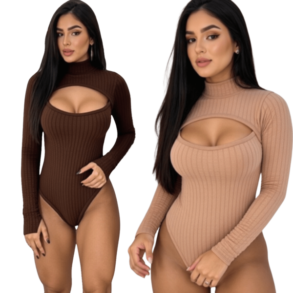 Kit 2 Body Feminino Bubble Gola Alta Manga Longa Decote Premium     elegante
