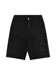 Shorts vaqueros casuales de corte holgado con estilo callejero pionero de parches negros para hombres GlobeSwift, aptos para primavera/verano