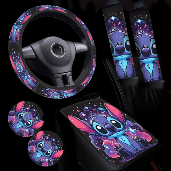 6pcs Authorized Disney Stitch Pattern Car Interior Accessories Set, Including Steering Wheel Cover, Seat Belt Shoulder Pad, Armrest Pad, Drink Coaster