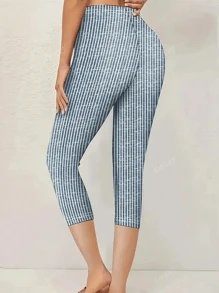 Women's Fashion Striped Print Elastic Knit Fabric 7/8 Leggings, Casual Drawstring Waist Skinny Tights, Vacation & Daily Wear