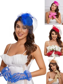 3pcs Fascinator With Lace Gloves Feather Tea Party Hat For Horse Racing Flower Kentucky Derby Hat For Women&Girls Mother's Day Gift.