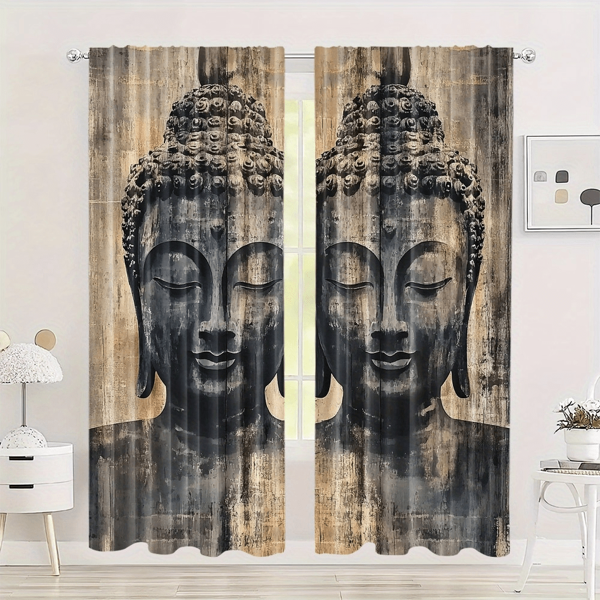 2 stuks klassieke gordijnen met Boeddhabeeldpatroon - roedezakgordijnen, hoogwaardig polyester, digitale print, ideaal voor woonkamer, slaapkamer, studeerkamer, eetkamer, universele woondecoratie