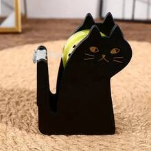 1pc Cute Cat Design Tape Dispenser Creative Cartoon Tape Holder Wooden Tape Cutter - Black - View 5