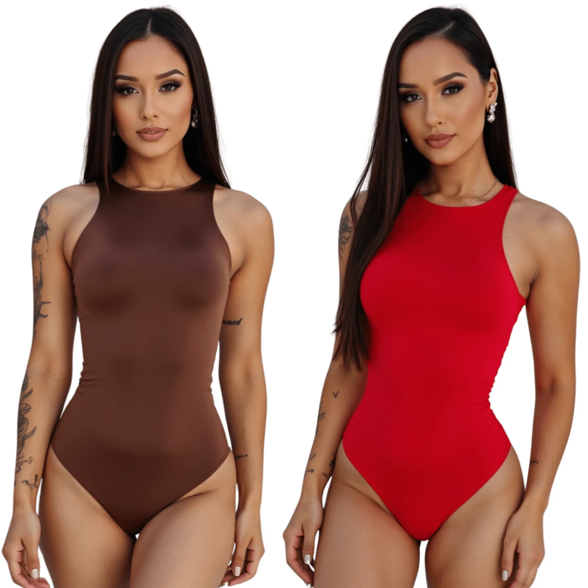 Kit 2 Women's Bodysuit Lined Tank Top Suplex Leotard Premium - 紅棕色 - 查看 1