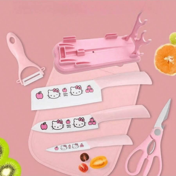 Sanrio Set de 5 piezas de cuchillos de chef Sanrio Kitty de acero inoxidable: cuchillo, tijeras, cuchillo de fruta, tabla de cortar, pelador de verduras, con soporte y funda para cuchillos, set de cuchillos de cocina de alta gama, gran regalo para el Día de la Mujer, Día de la Madre (parte del diseño es aleatorio)
