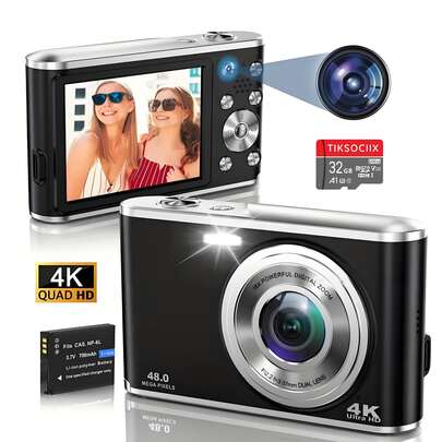 紧凑型 4K 超高清数码相机，双镜头，48MP 自动对焦，16 倍数码变焦，防抖，2.8 英寸 IPS 屏幕，配备 32GB 存储卡 - 便携式 Vlogging 摄像机，适用于旅行直播和编辑，黑白，适合初学者摄影 | 复古设计 |