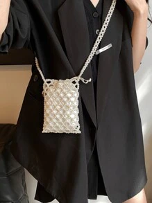 حقيبة كروس بودي من التصميم الفاخر بزخرفة اللؤلؤ، حقيبة صغيرة خفيفة الوزن لهاتف محمول، مجموعة صيف 2024 الجديدة