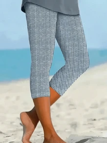 Women's Fashion Striped Print Elastic Knit Fabric 7/8 Leggings, Casual Drawstring Waist Skinny Tights, Vacation & Daily Wear