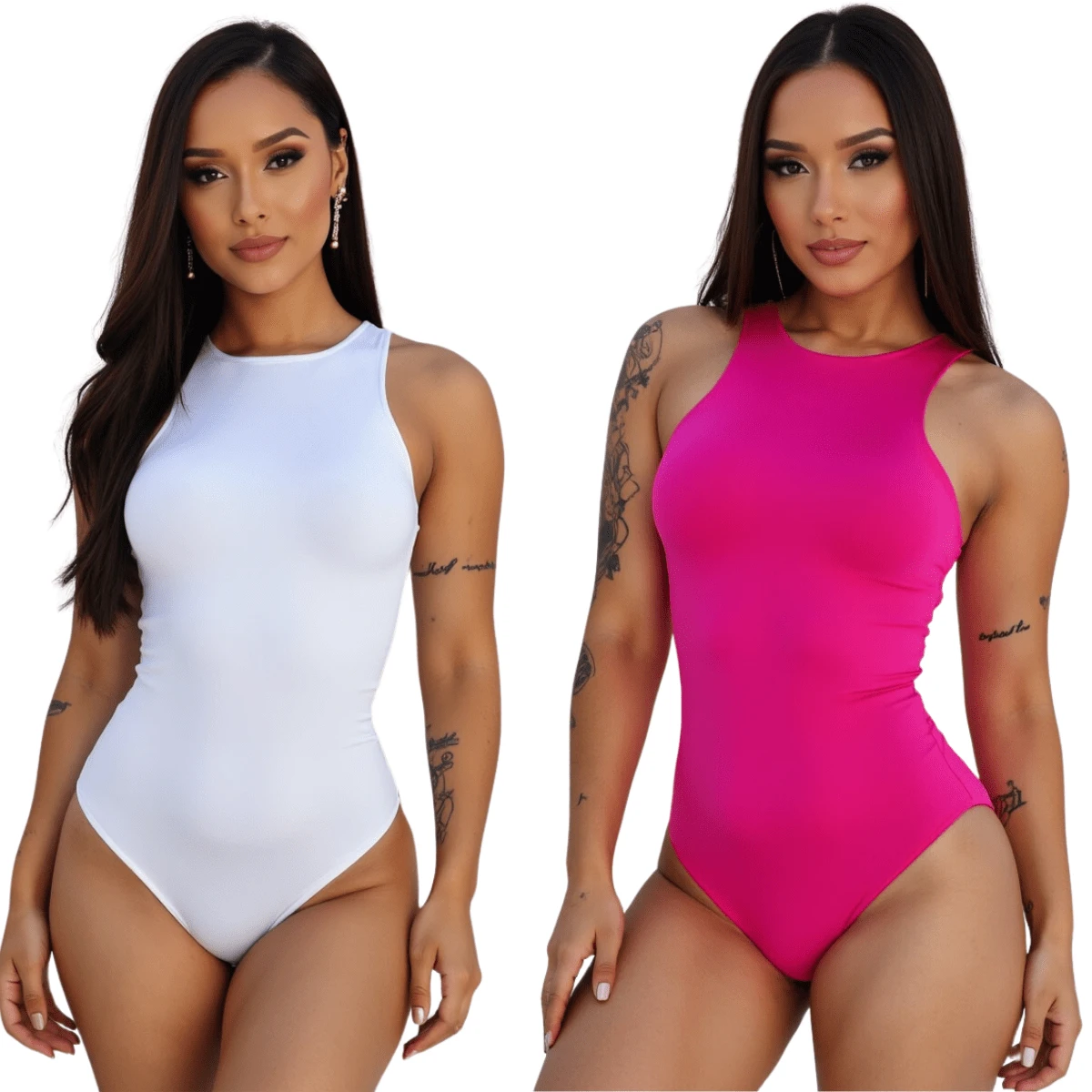 Kit 2 Women's Bodysuit Lined Tank Top Suplex Leotard Premium - 白色 粉紅色 - 查看 1