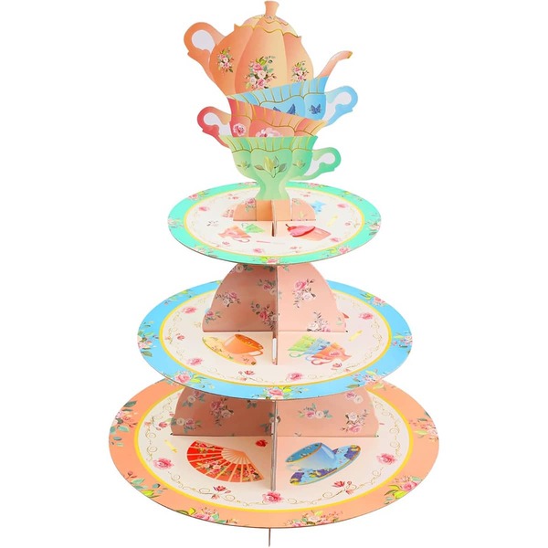 1 pièce Présentoir à cupcakes en papier floral à 3 étages, présentoir à cupcakes en forme de théière vintage pour thé, présentoir à cupcakes de princesse pour présentation de desserts