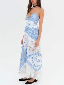 Women Floral Printed Maxi Dress Sleeveless Lace Patchwork Layered Ruffle Hem Backless Long Dress Y2K Summer Deep V Neck Lace Cutout Dress Beachwear - Màu xanh lam - Xem 5
