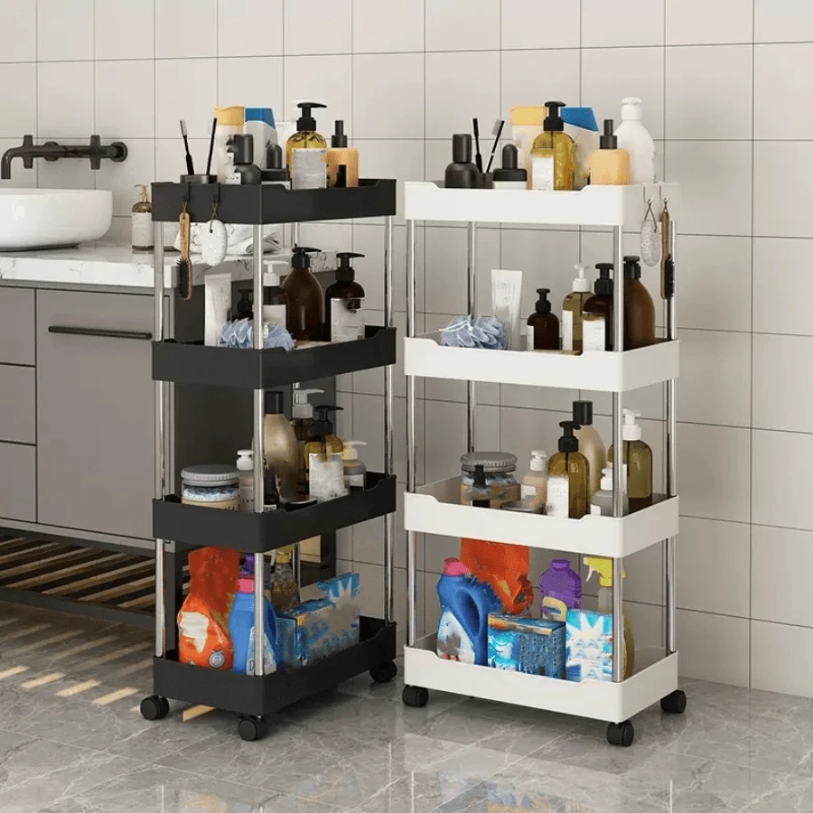 1pc 4-Tier Bathroom Storage Organizer Cart, Movable Floor Standing Rack With Wheels For Home Use - Black - View 1