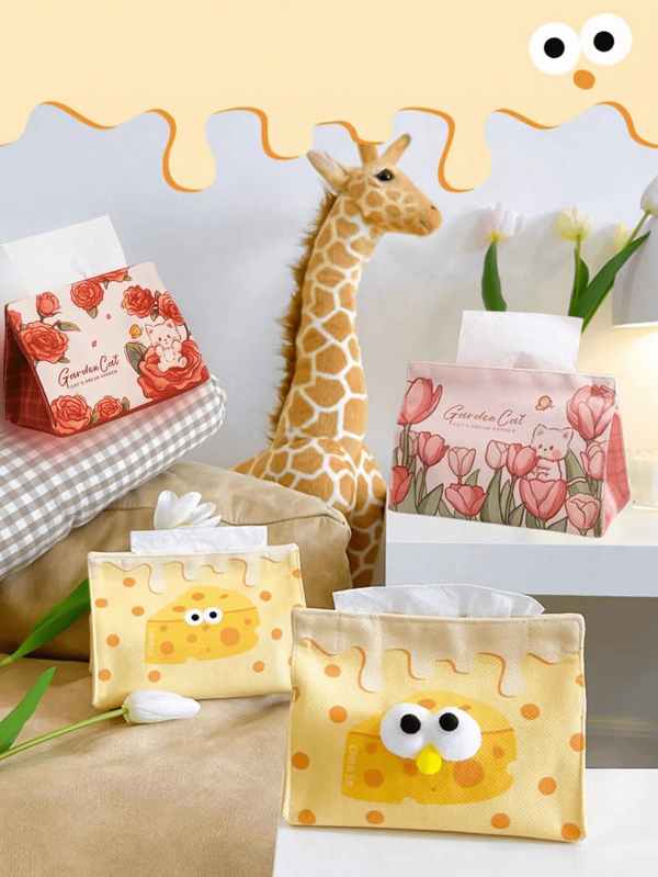 1 pieza Caja de pañuelos con diseño de dibujos animados lindos, soporte para rollo de papel higiénico con diseño de queso sorpresa, caja de pañuelos con patrones florales y animales para sala de estar, comedor, caja de pañuelos de tela minimalista para escritorio, práctica y decorativa para el hogar, escritorio de oficina