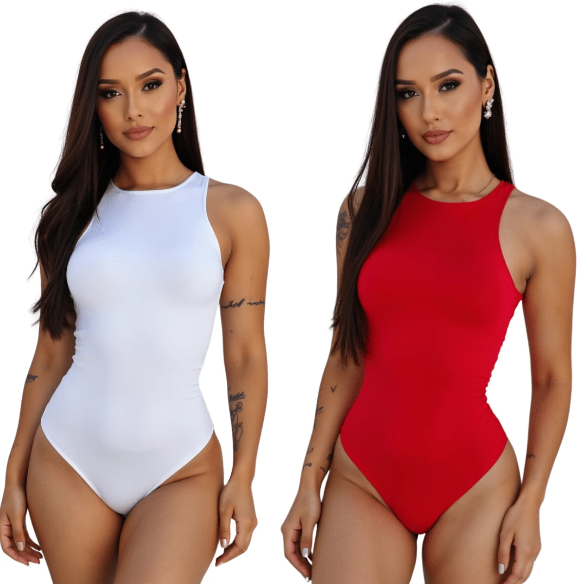 Kit 2 Women's Bodysuit Lined Tank Top Suplex Leotard Premium - 白色 紅色 - 查看 1