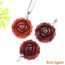 Natural Gemstone Carved Rose Flower Stone Pendant Amethyst Healing Crystal Necklace DIY Jewelry Bead Charm Women Valentine Gift