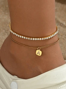 2 Pcs/Set 18K Gold Plated Square Zirconia 26 Letter Charm Anklet Set, Elegant & Fashion Jewelry Gift For Family & Friends, Suitable For Summer Beach Trip