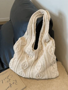 Vintage Knitted Hobo Bag, Retro Large Capacity Shoulder Bag, Women's Casual Handbag & Shopping Tote Purse,Casual Vacation, Beach Bag, Shoulder Bag, Tote Bag Suitable For Young Women, College Students, Working White-Collar Workers, Gifts - Beige - View 2