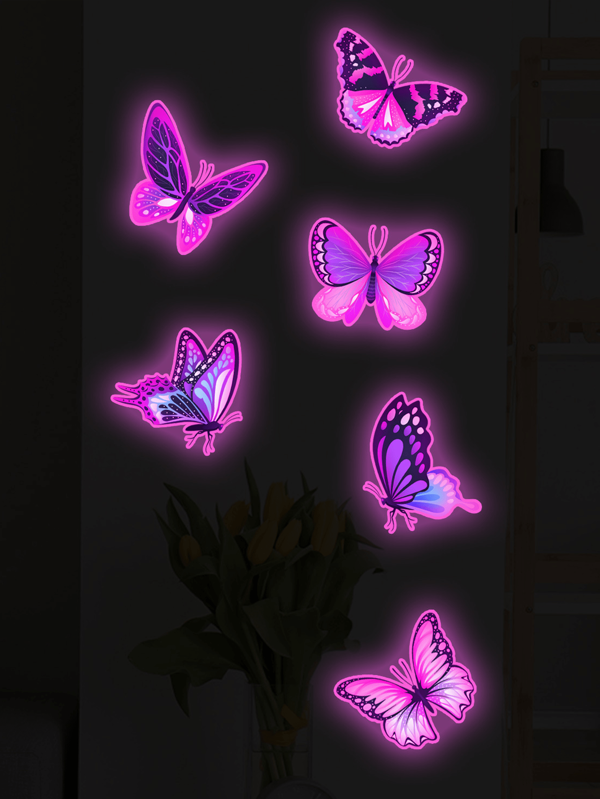 6pcs Luminous Purple Flower & Butterfly Wall Stickers, Home & Kids Room Decor Wall Decor