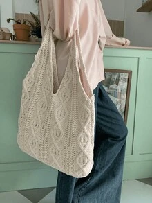 Vintage Knitted Hobo Bag, Retro Large Capacity Shoulder Bag, Women's Casual Handbag & Shopping Tote Purse,Casual Vacation, Beach Bag, Shoulder Bag, Tote Bag Suitable For Young Women, College Students, Working White-Collar Workers, Gifts - Beige - View 4