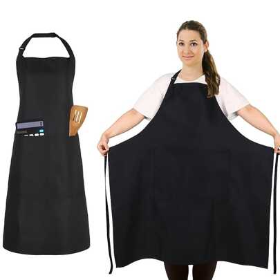 Delantal largo de 89 cm ajustable con bolsillos - Delantal de cocina de poliéster duradero para cocinar en Acción de Gracias y días festivos, diseño de babero largo, unicolor, delantal funcional | Delantal de babero largo | Artículo de cocina utilizable