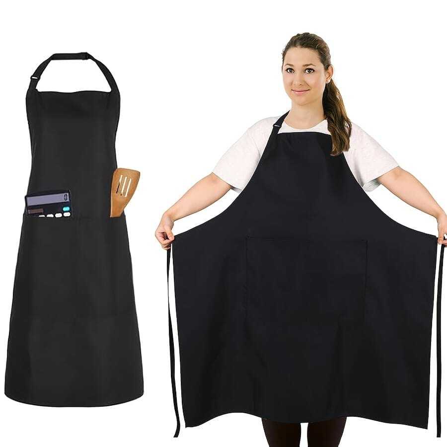 1 chiếc tạp dề dài 89cm cỡ lớn, nhẹ, mỏng và thoáng khí, có túi - Tạp dề nấu ăn bằng polyester bền chắc cho Lễ Tạ ơn và các ngày lễ, thiết kế yếm dài, màu trơn, tạp dề đa năng | Tạp dề yếm dài | Vật dụng nhà bếp tiện dụng - màu đen - Xem 1