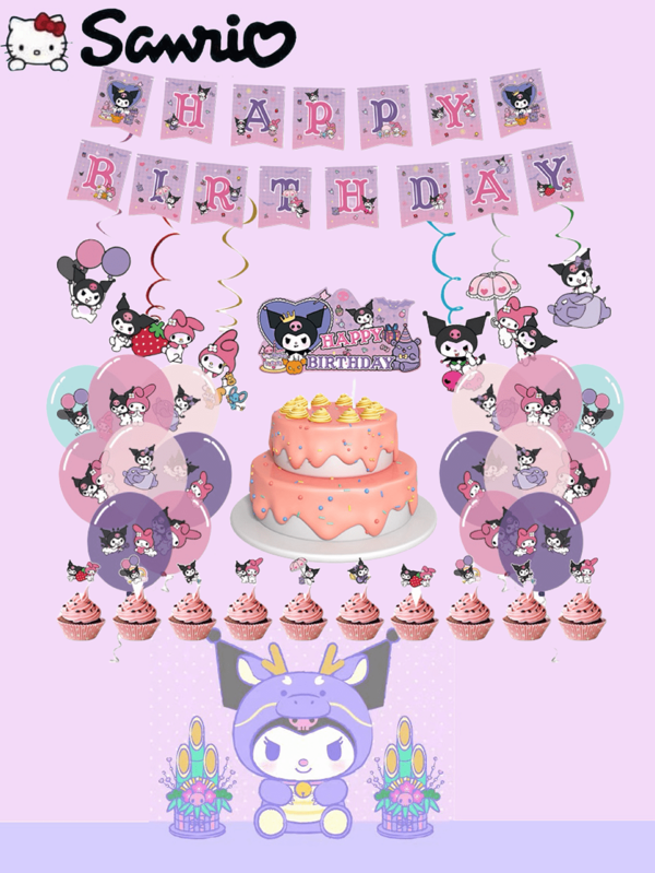 Sanrio Set de decoración de fiesta de cumpleaños con tema de Kuromi que incluye pancarta, globos y decoración de pastel para crear una escena de fiesta soñadora y adorable